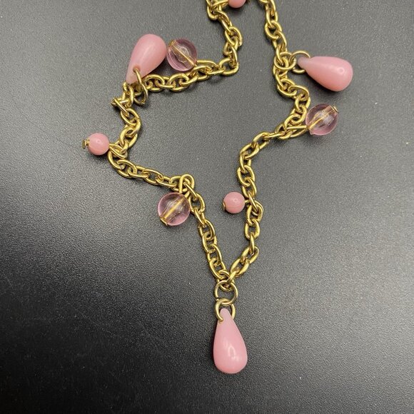 Pink 60" Necklace Barbiecore Teardrop Round Clear Dangles Gold Tone Cable Chain - Picture 5 of 5